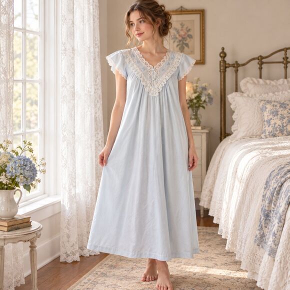 Barbizon Other - Vintage Barbizon Nightgown Women’s Small Blue Lace Embroidered Flutter Sleeve